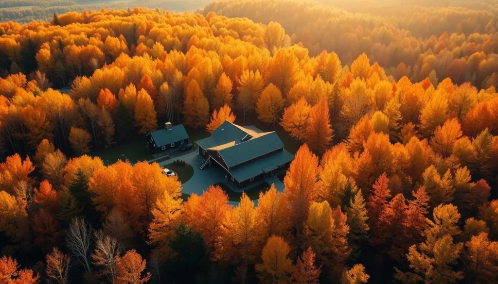 Image of a Vermont maple syrup farm with a large sugarhouse and maple trees tapped for syrup production.