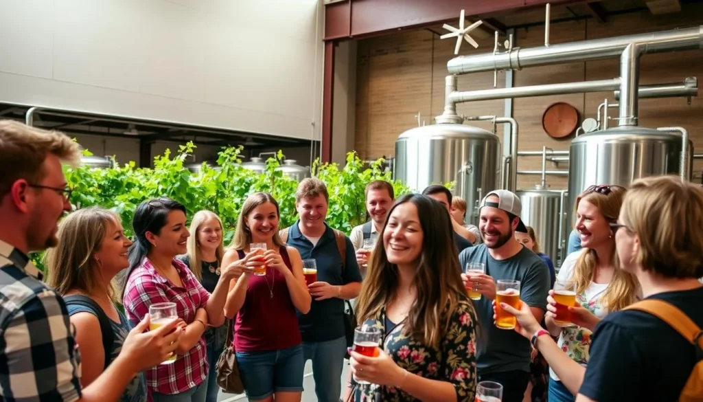 Image of a Waco brewery or winery with a tour group sampling craft beverages