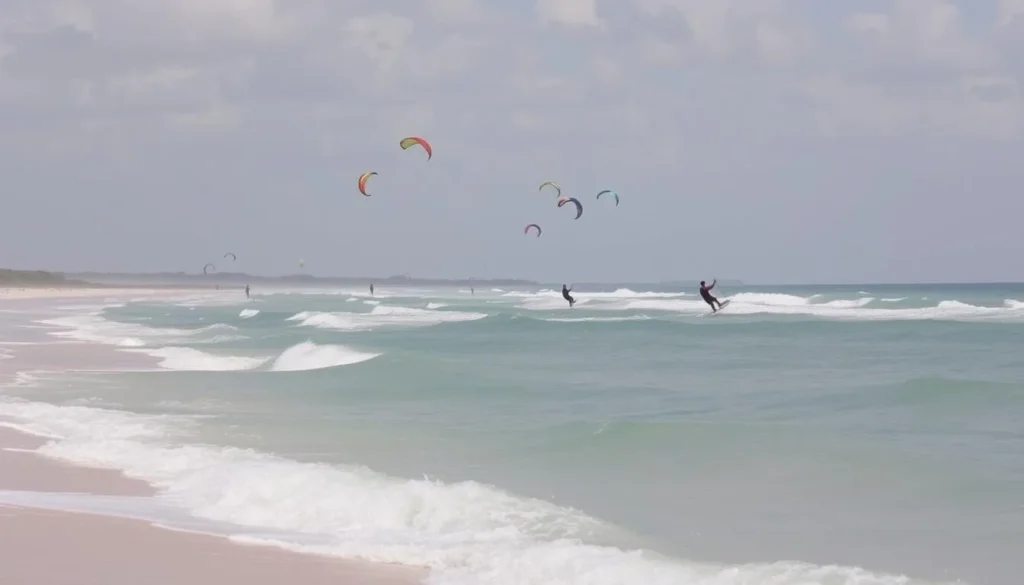 Image of a Zanzibari beach with kitesurfers and a dramatic tidal change