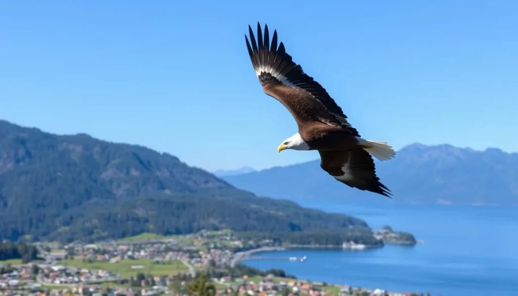 Image of a bald eagle in flight over Ketchikan