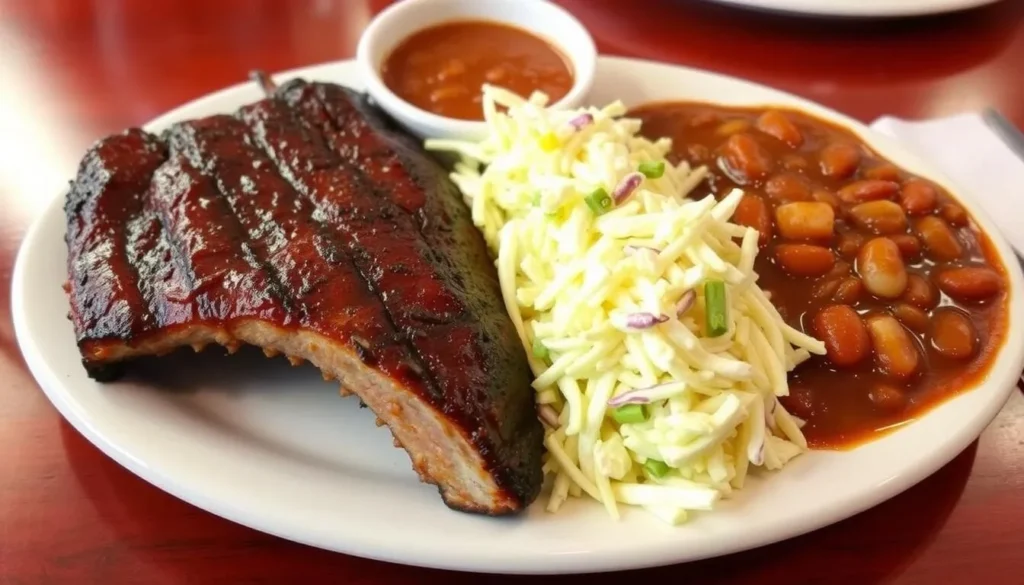 Image of a barbecue plate with ribs, coleslaw, and baked beans at Bennett's Pit Bar-B-Que