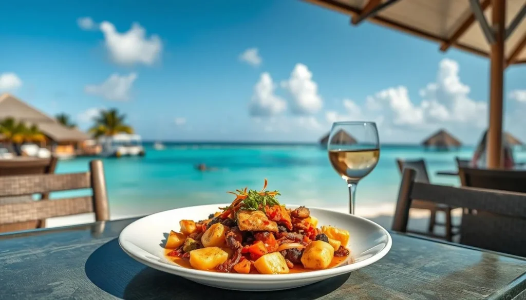 Image of a beachside restaurant in George Town, Bahamas, with a delicious meal being served Image of a beachside restaurant in George Town, Bahamas, with a delicious meal being served