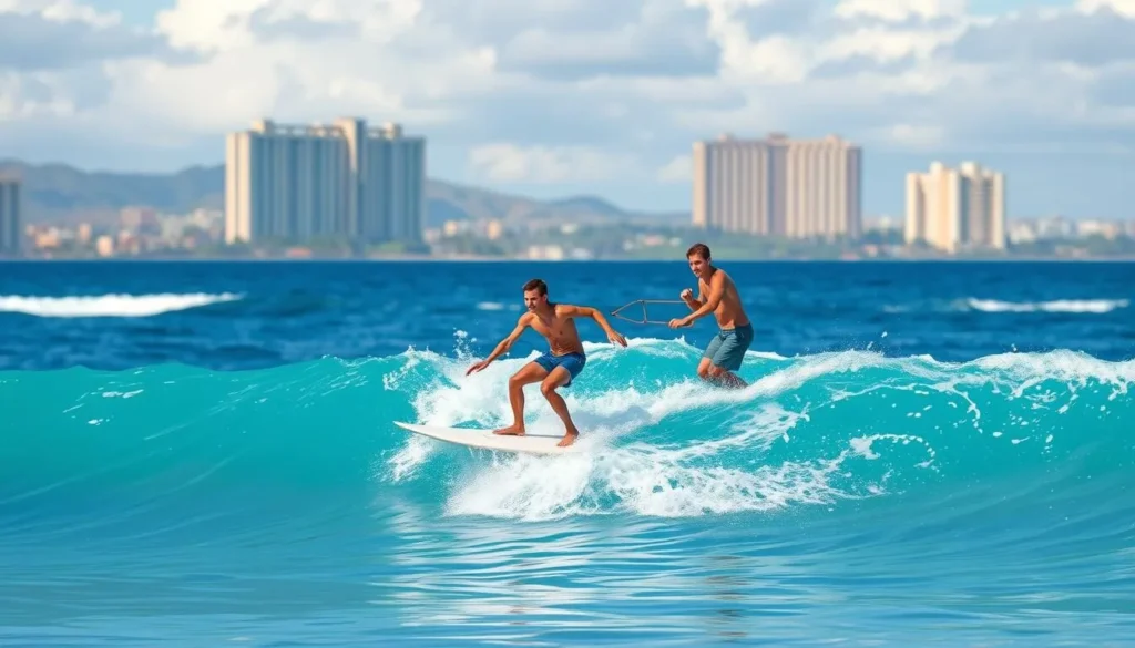 Image of a beginner surfer catching a wave at Waikiki Beach with an instructor
