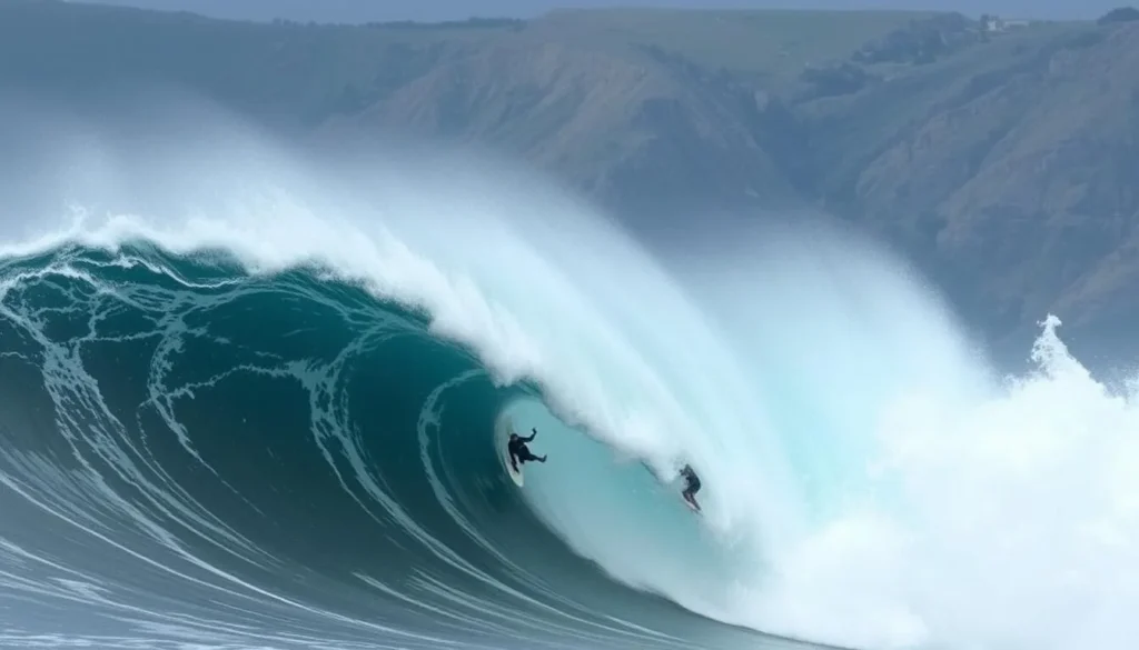 Image of a big wave at Mavericks Beach with surfers riding the wave
