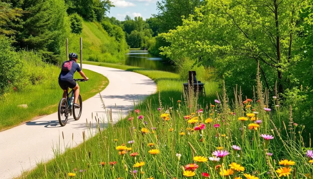 Image of a biker riding along the Chippewa River State Trail