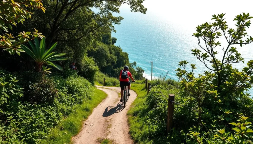 Image of a biker riding on the Junction Breakwater Trail surrounded by lush greenery and coastal views.