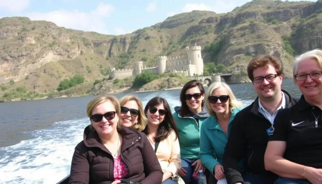 Image of a boat cruise near Miners Castle, with passengers enjoying the view