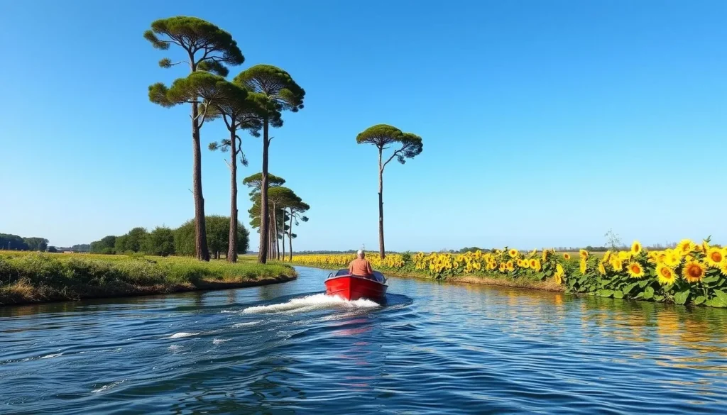 Image of a boat gliding along the Canal du Midi with umbrella pines and sunflowers alongside