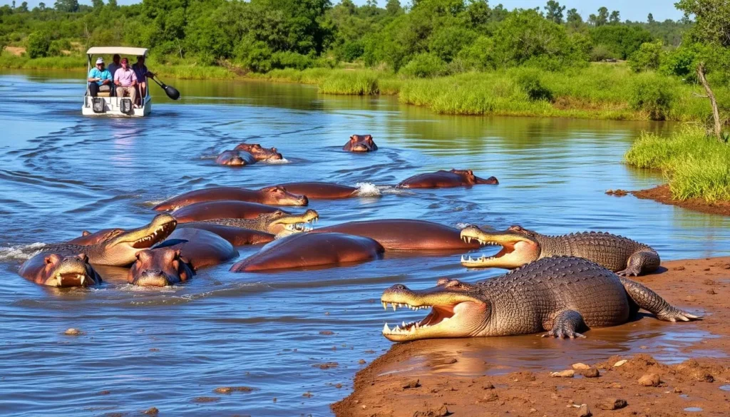 Image of a boat safari on Kazinga Channel with hippos and crocodiles