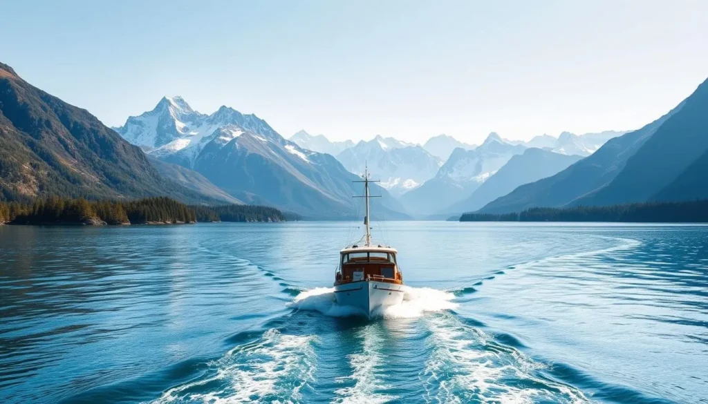 Image of a boat sailing across Nahuel Huapi Lake towards Puerto Blest with the Andes peaks in the background.