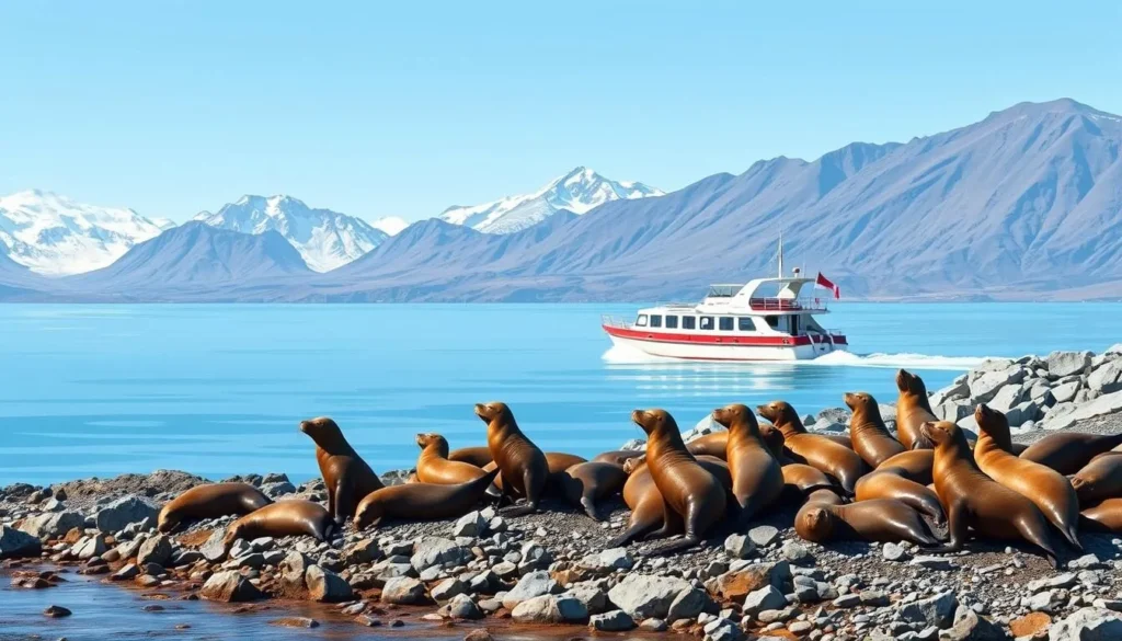 Image of a boat sailing through the Beagle Channel with sea lions on the shore