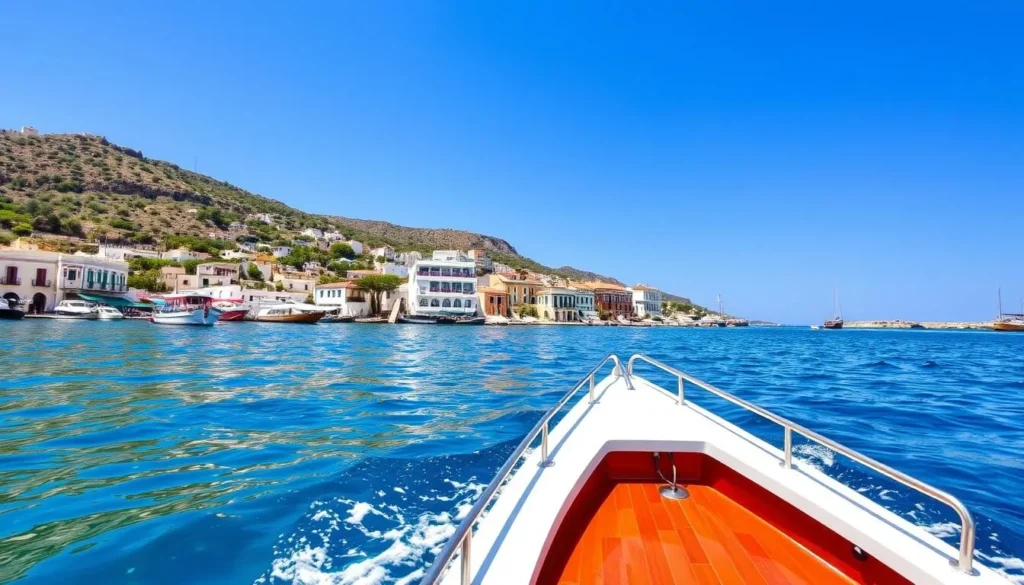 Image of a boat sailing towards Symi Island