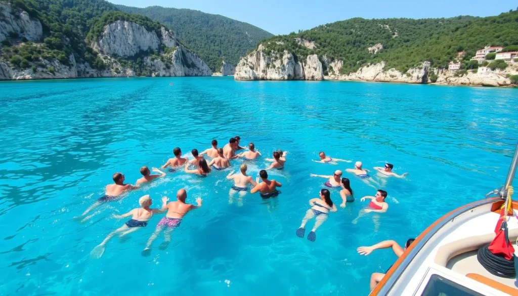 Image of a boat tour along the Albanian Riviera with people swimming and snorkeling.