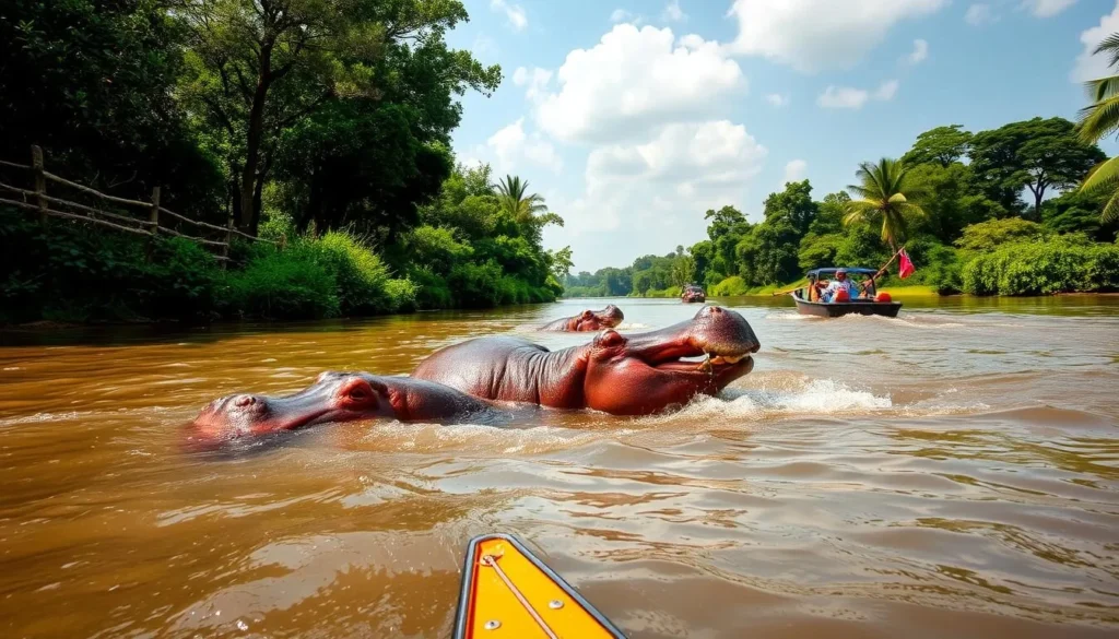 Image of a boat tour on the Oueme River with hippos