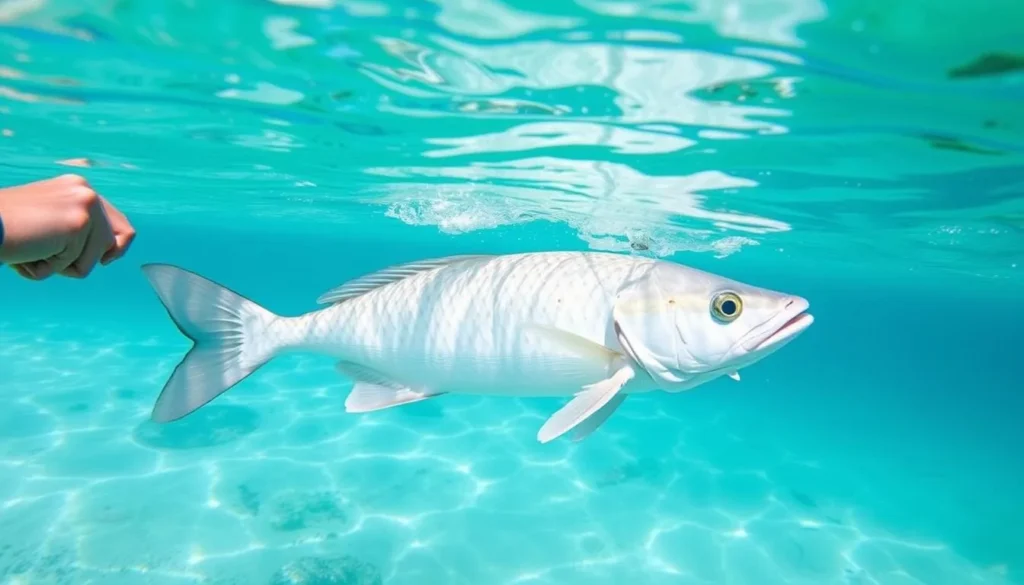 Image of a bonefish being caught in the crystal-clear waters of Andros Island