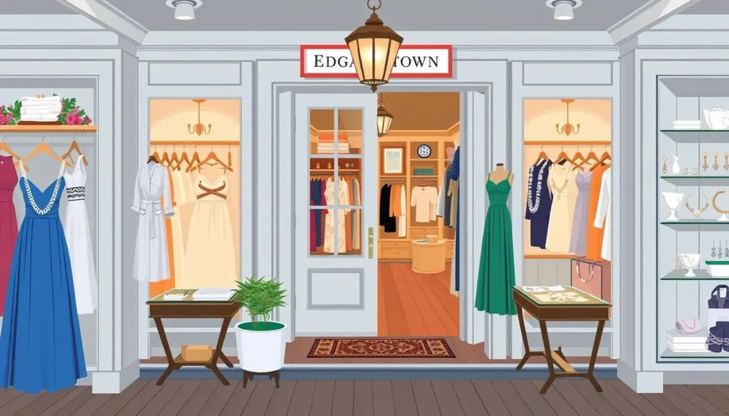 Image of a boutique in Edgartown with elegant clothing and jewelry