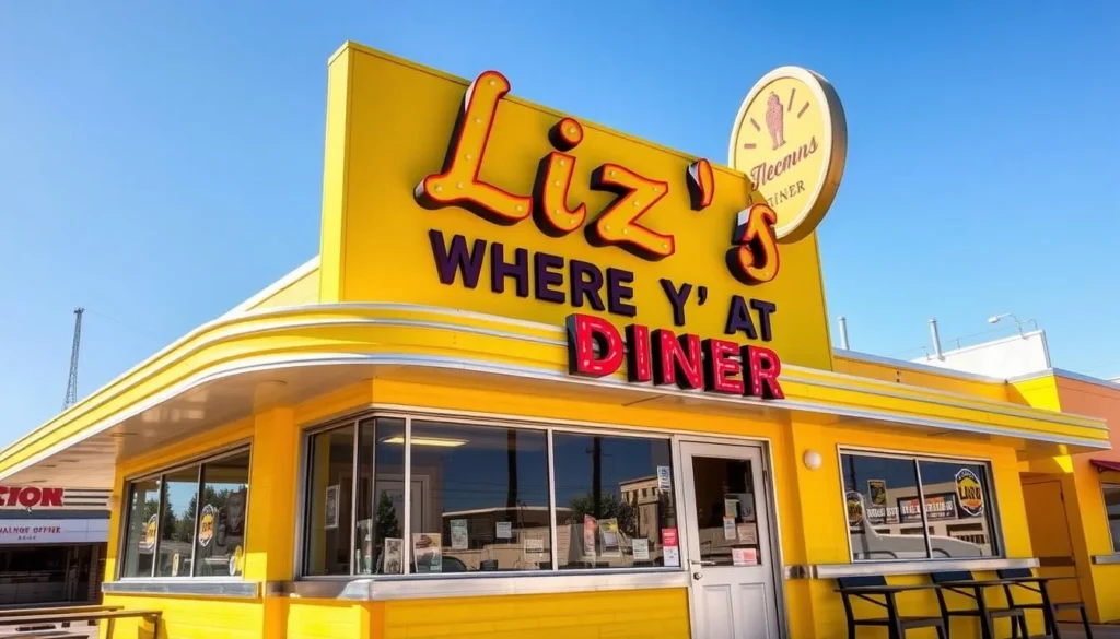Image of a bright yellow diner with a sign reading "Liz's Where Y'at Diner"