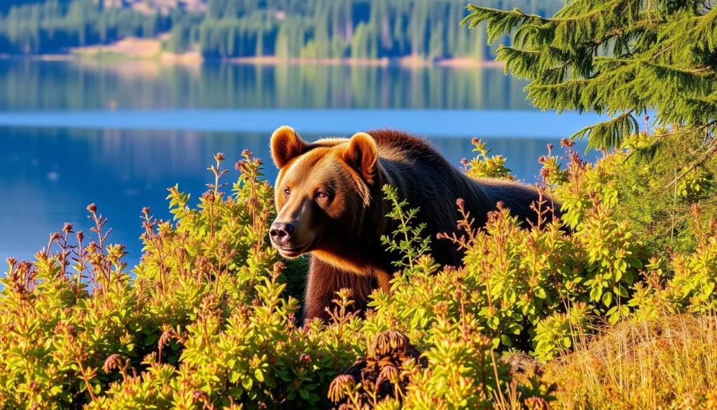 Image of a brown bear on Admiralty Island, surrounded by lush greenery and a serene lake in the background.