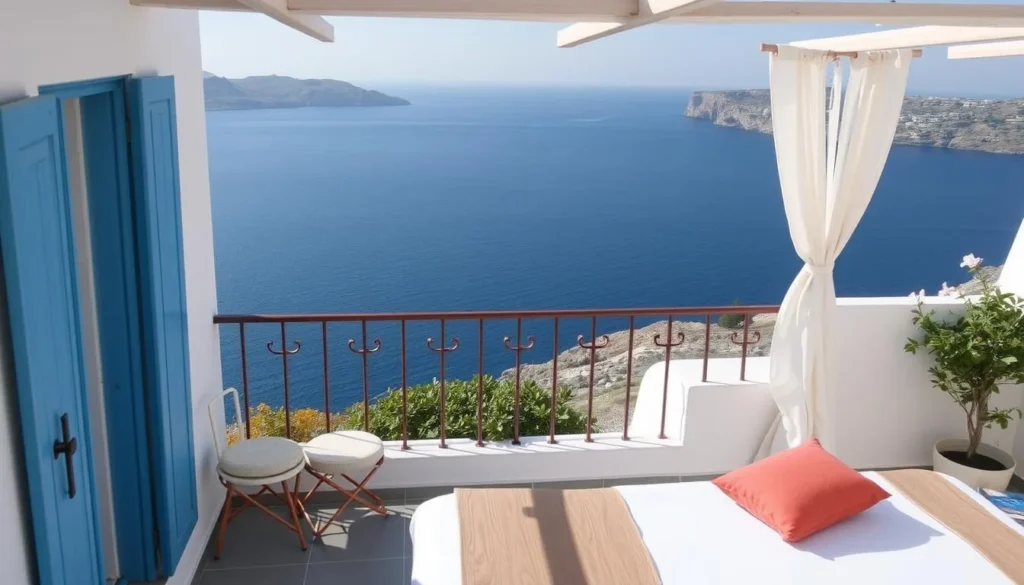 Image of a budget-friendly hotel in Kamari with a sea view
