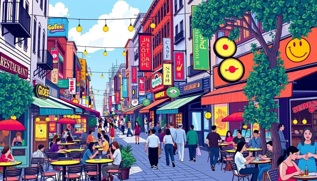 Image of a bustling downtown area with various restaurants and cafes