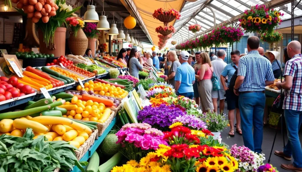 Image of a bustling farmers market with local produce and flowers