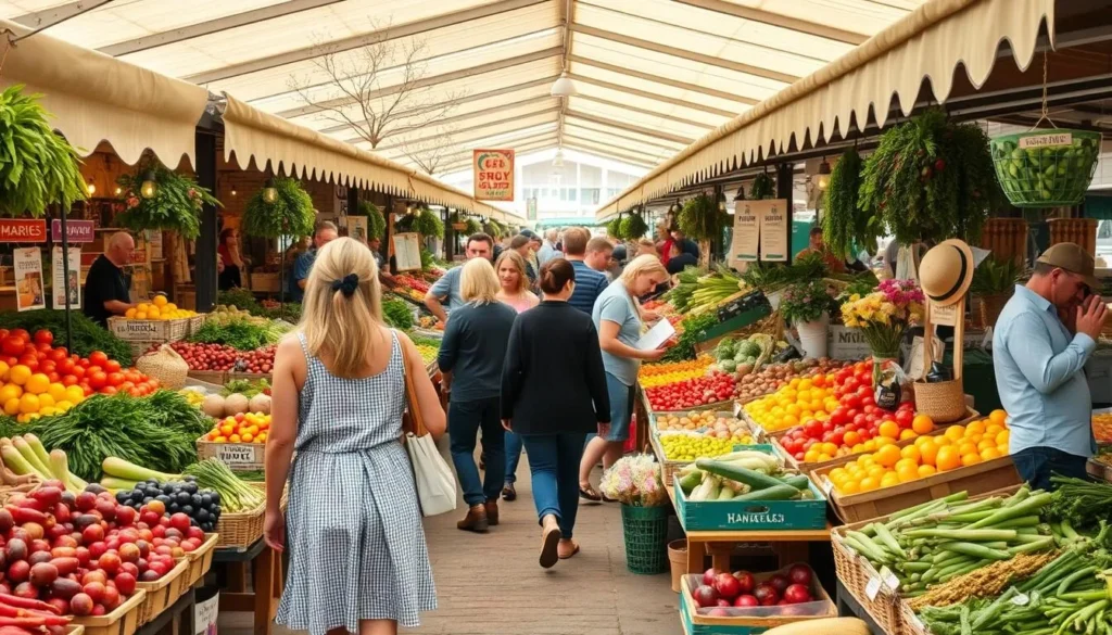 Image of a bustling farmers market with vendors selling fresh produce and artisanal goods
