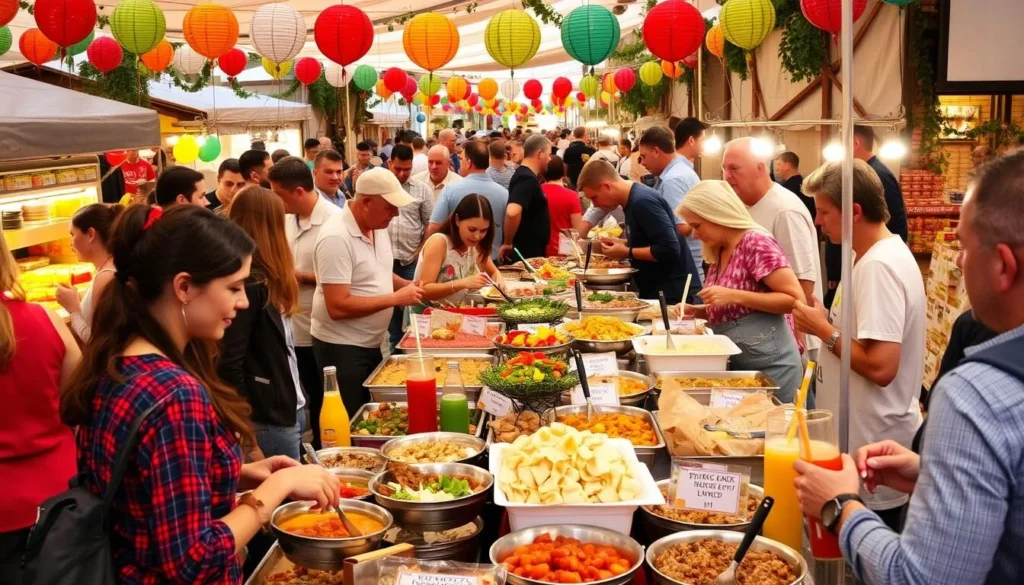 Image of a bustling food festival in Bulgaria with traditional dishes and drinks