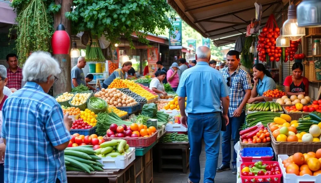 Image of a bustling market scene with local vendors and fresh produce