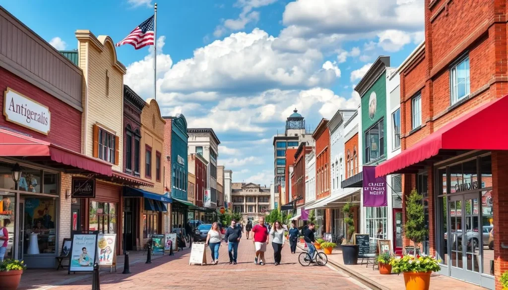 Image of a bustling shopping district in Springfield, Missouri, featuring a mix of antique shops, boutiques, and modern shopping centers.