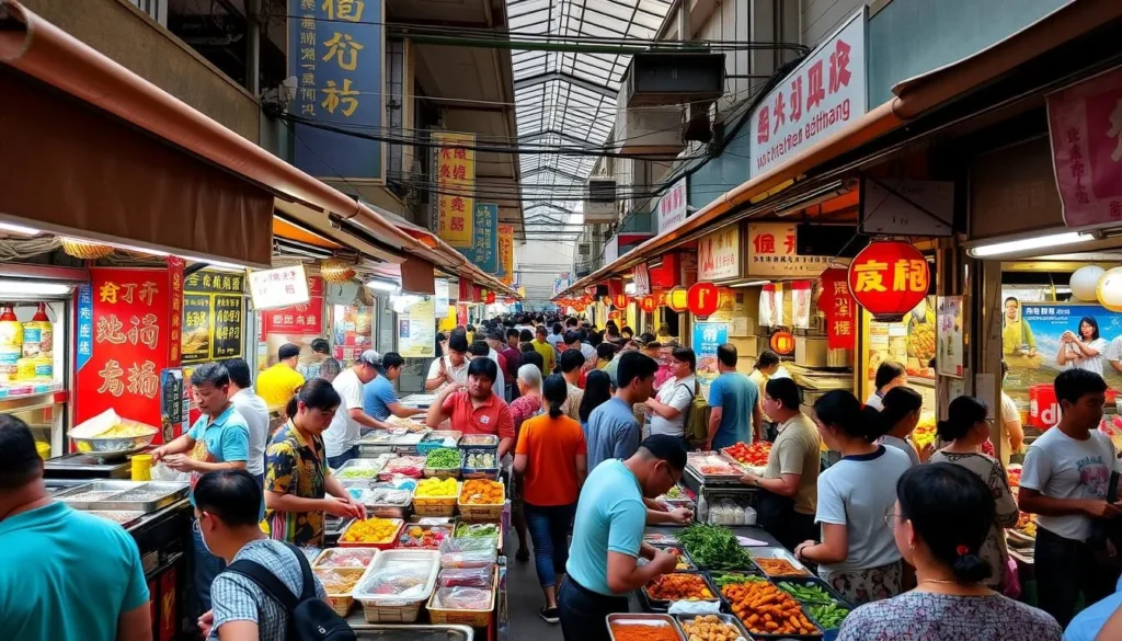 Image of a bustling street food market in Wuhan