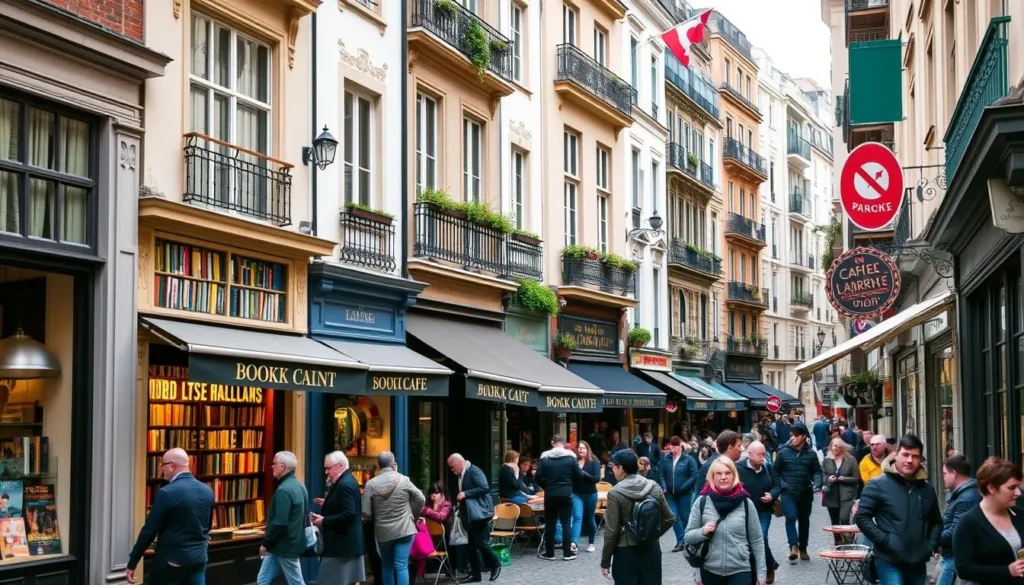 Image of a bustling street in the Latin Quarter with bookshops and cafés