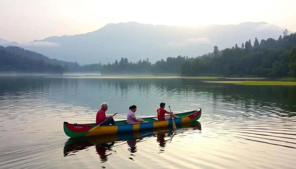 Image of a calm lake with a canoe and beginner paddlers