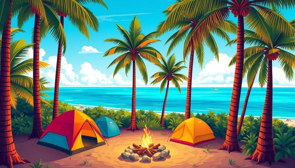 Image of a campsite under palm trees on Peanut Island