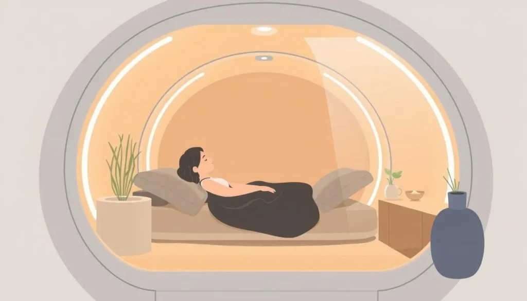 Image of a capsule hotel pod with a person relaxing inside