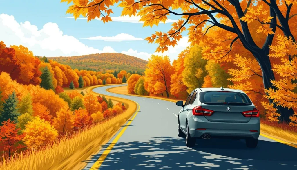 Image of a car driving on Route100 surrounded by fall foliage