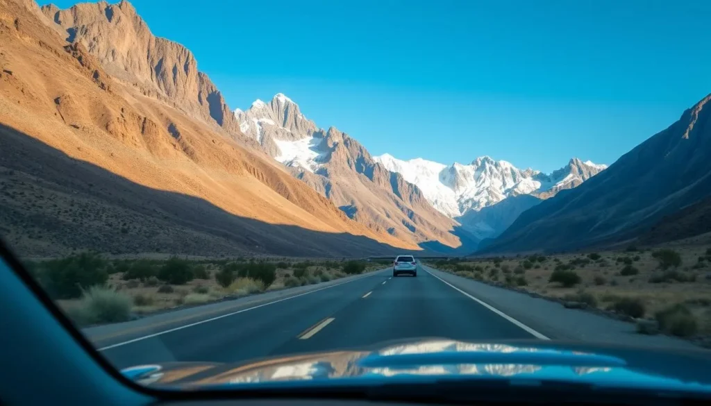 Image of a car driving on Ruta40 with the Andes Mountains in the background