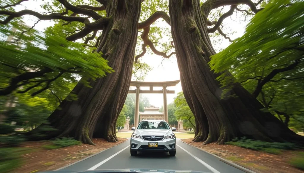 Image of a car driving through the Shrine Tree