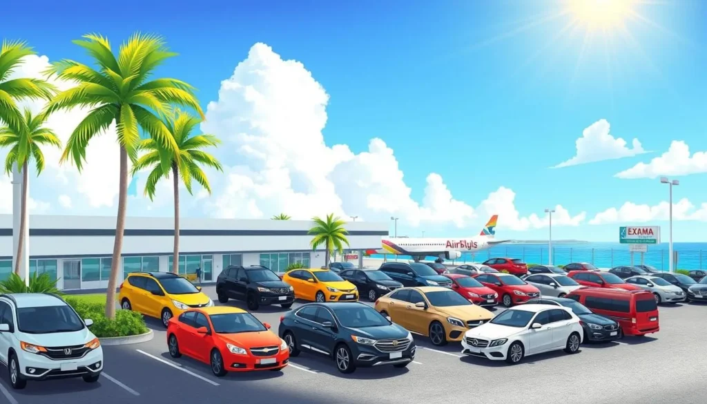 Image of a car rental lot at Exuma Island airport with various vehicles available for rent