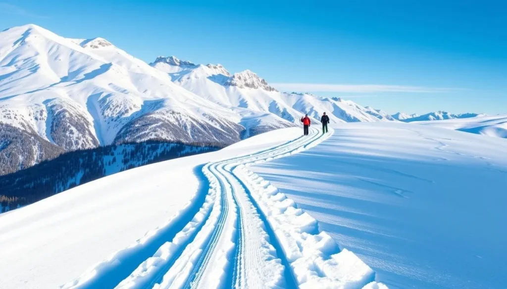 Image of a cat skiing operation at Lightning Ridge, Powder Mountain, with a groomed trail through deep snow.