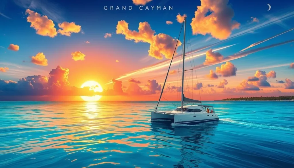 Image of a catamaran sailing into the sunset near Grand Cayman