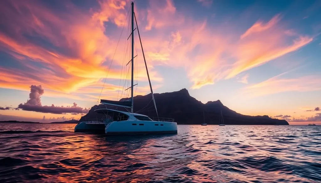Image of a catamaran sailing towards the sunset with Diamond Head in the background