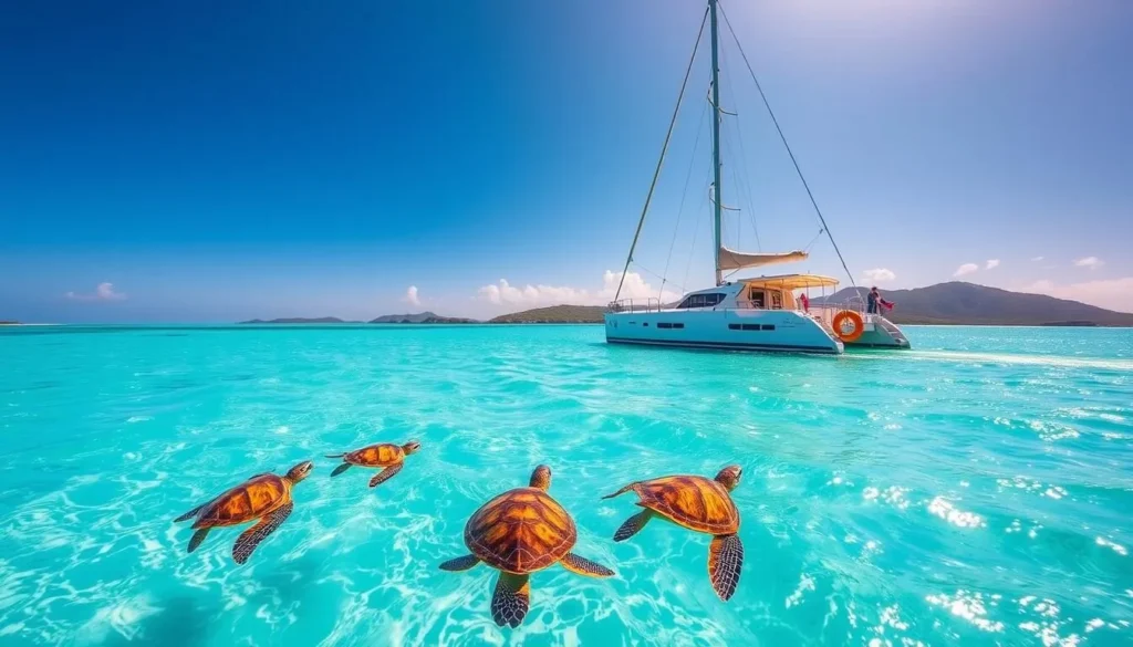 Image of a catamaran tour in Carlisle Bay with sea turtles swimming alongside