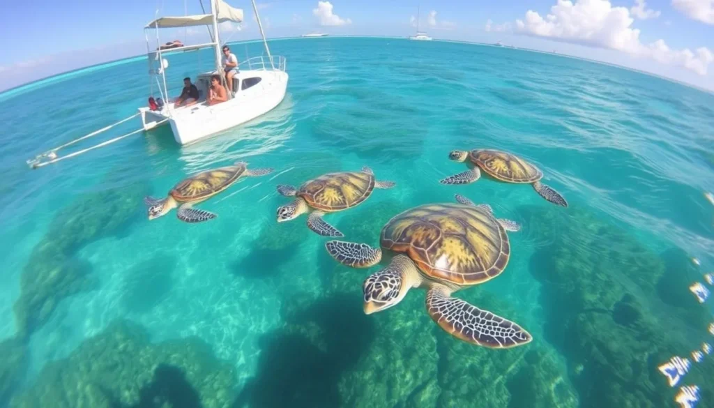 Image of a catamaran tour in Carlisle Bay with sea turtles swimming nearby
