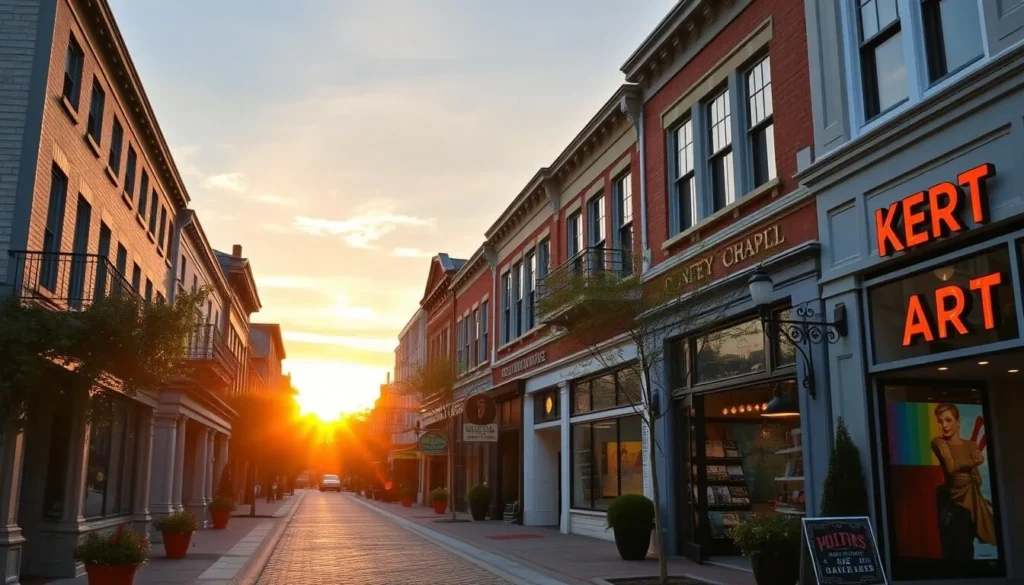 Image of a charming downtown area with historic buildings, unique shops, and galleries.