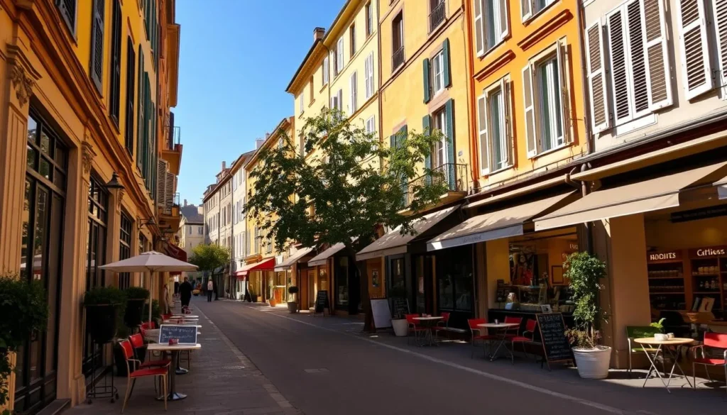 Image of a charming street in Aix-en-Provence lined with boutique shops and cafes.