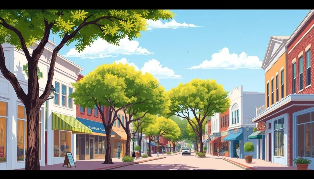 Image of a charming street in downtown Fairhope with various shops