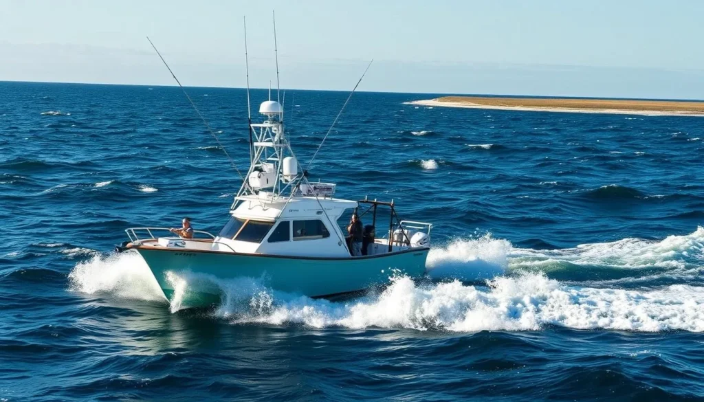 Image of a charter fishing boat in the Gulf Stream off Hatteras Island