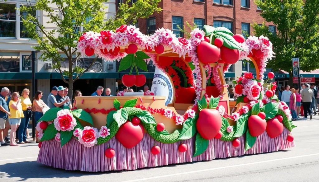 Image of a cherry-themed parade float in Traverse City