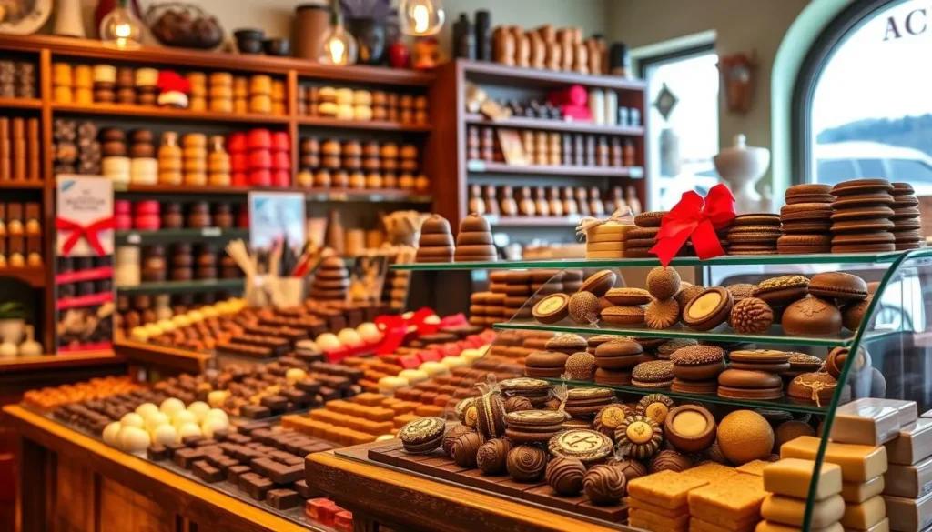 Image of a chocolate shop in Bariloche with assorted chocolates and alfajores