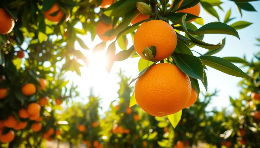 Image of a citrus grove with fresh oranges